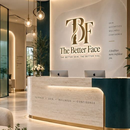 The lobby, with the gold logo above a curved front desk