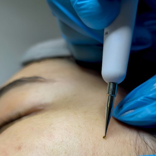 A fine-tipped device removing a small skin growth from a client's forehead